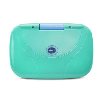 Vtech interactive kids laptop displaying the membrane QWERTY keyboard close up