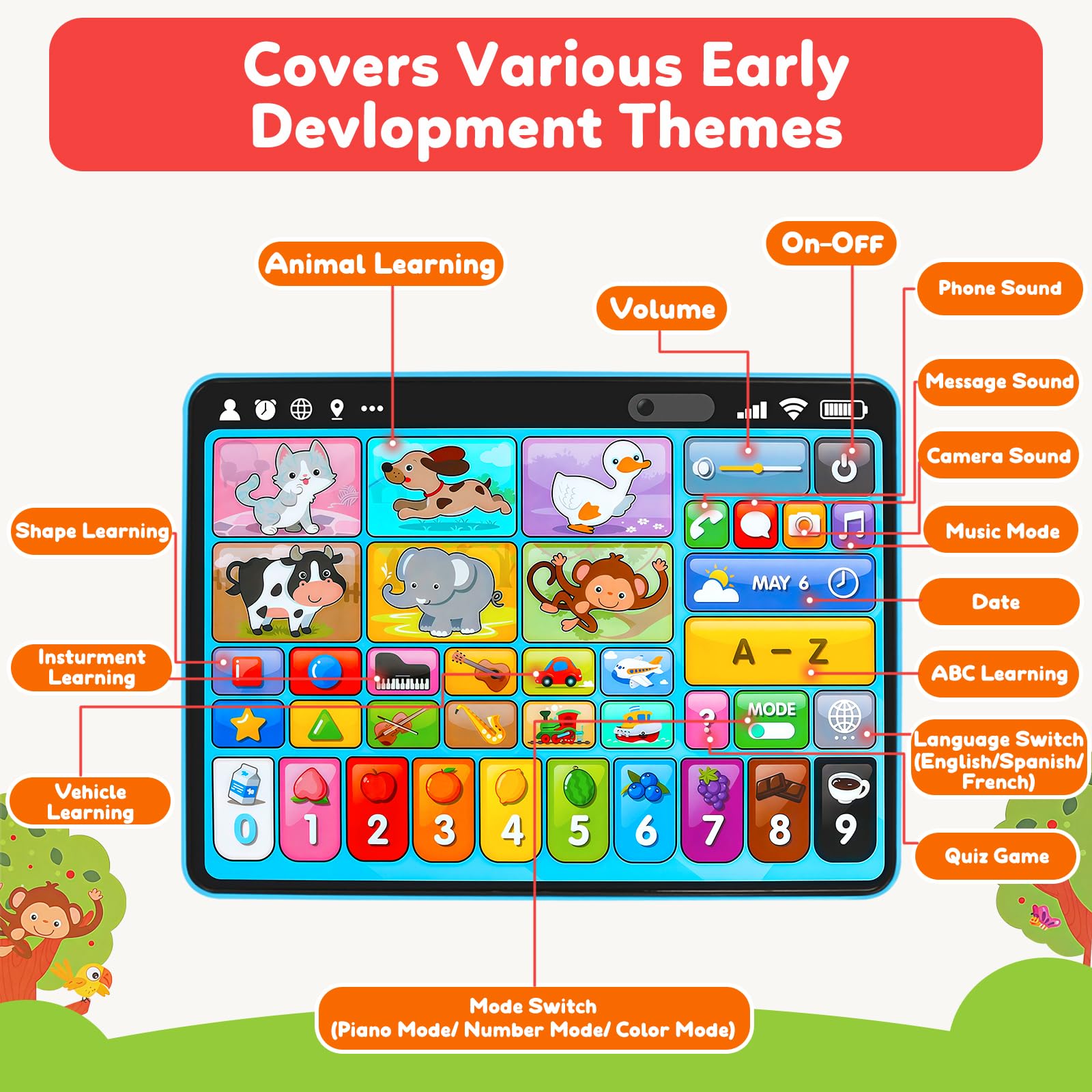 Peacurh Montessori speech therapy device highlighting language toggle options for English Spanish and French