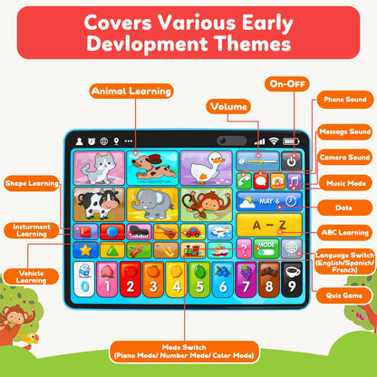 Peacurh Montessori speech therapy device highlighting language toggle options for English Spanish and French