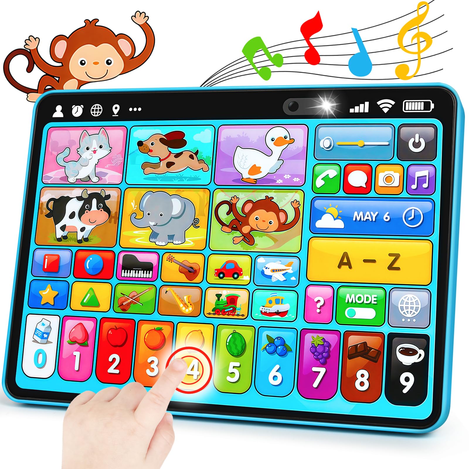 Peacurh screen free learning tablet packaged box layout detailing toddler motor skill benefits