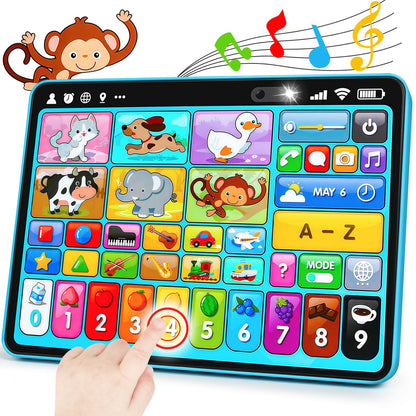 Peacurh screen free learning tablet packaged box layout detailing toddler motor skill benefits