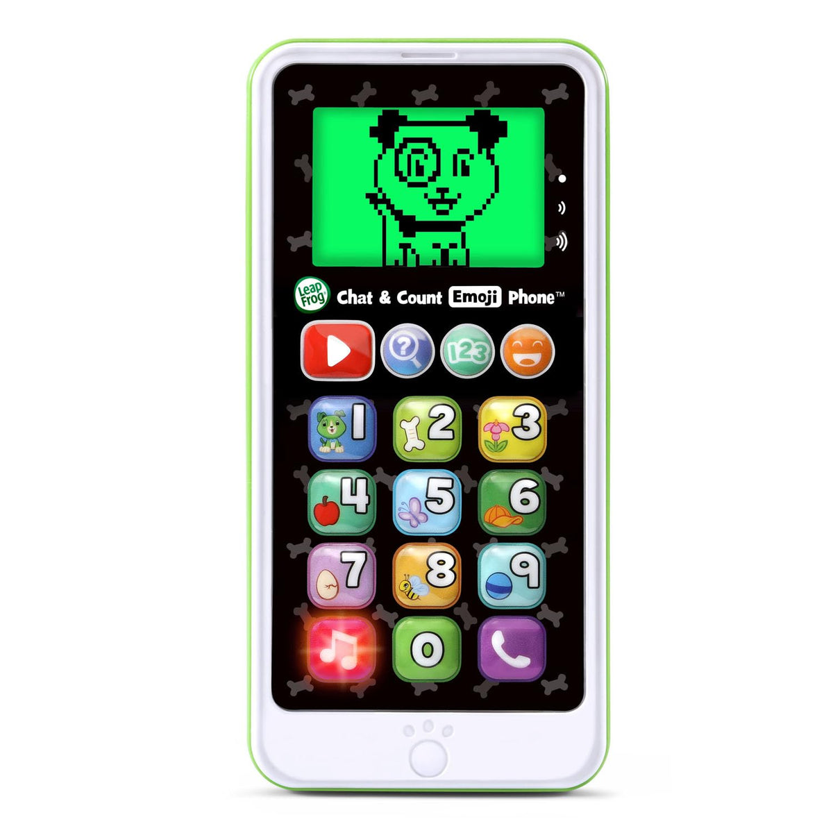Toddler learning toy smartphone featuring green casing and interactive number keys