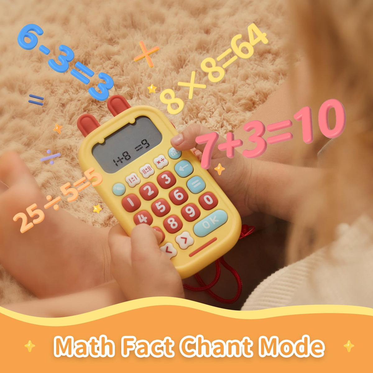 Young student holding the portable Alilo math toy using the included wearable safety lanyard.