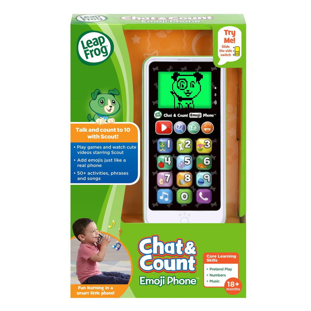 LeapFrog toddler chat and count phone packaging showcasing complete educational features