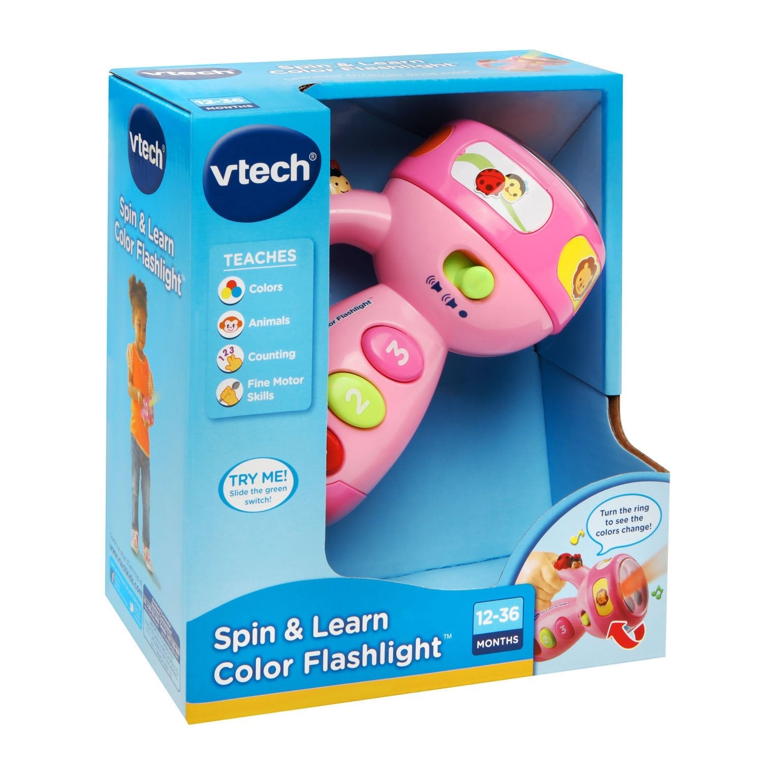 VTech spin and learn flashlight pink close up of the volume control switch