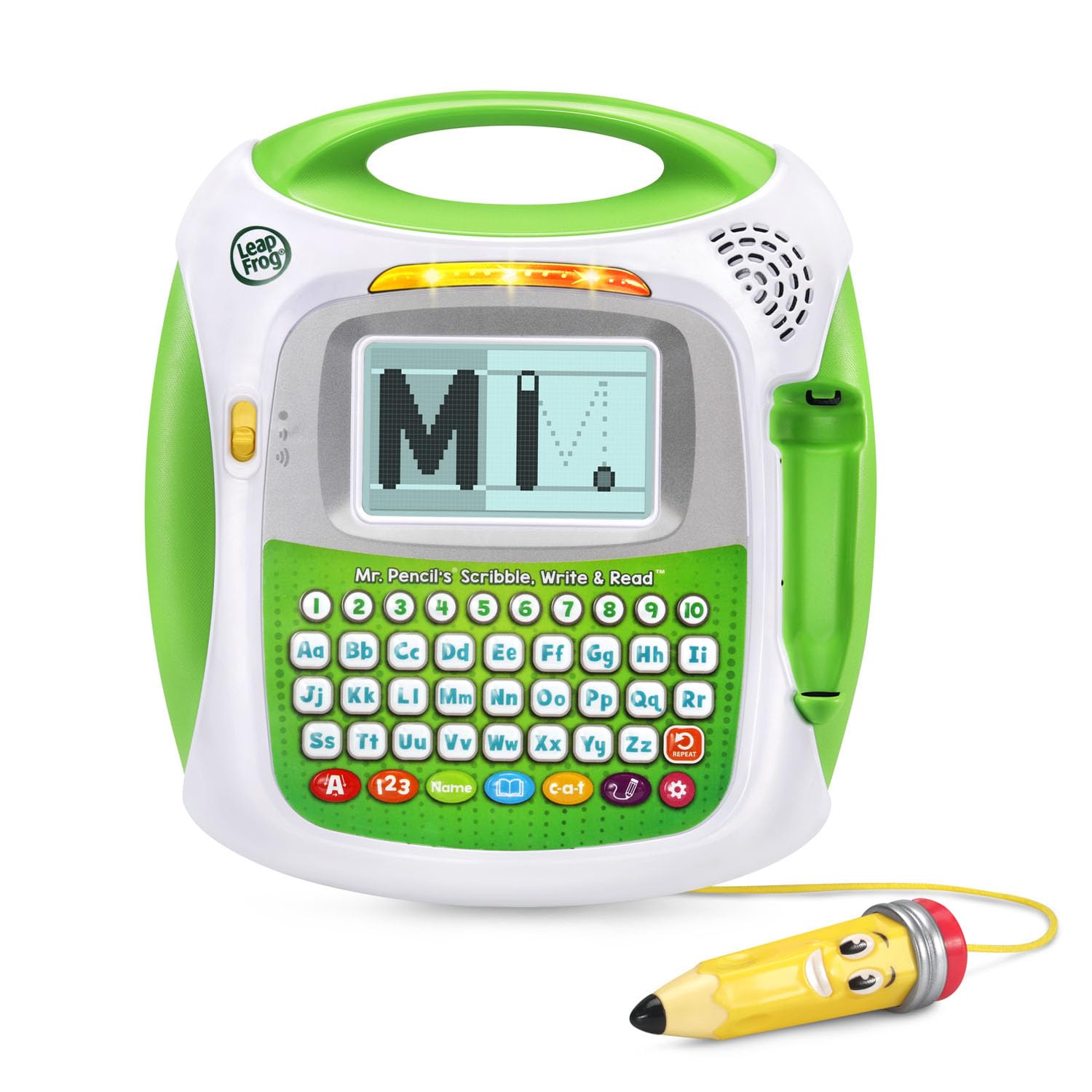 LeapFrog preschool handwriting and phonics learning device with stylus in hand tracing uppercase letters