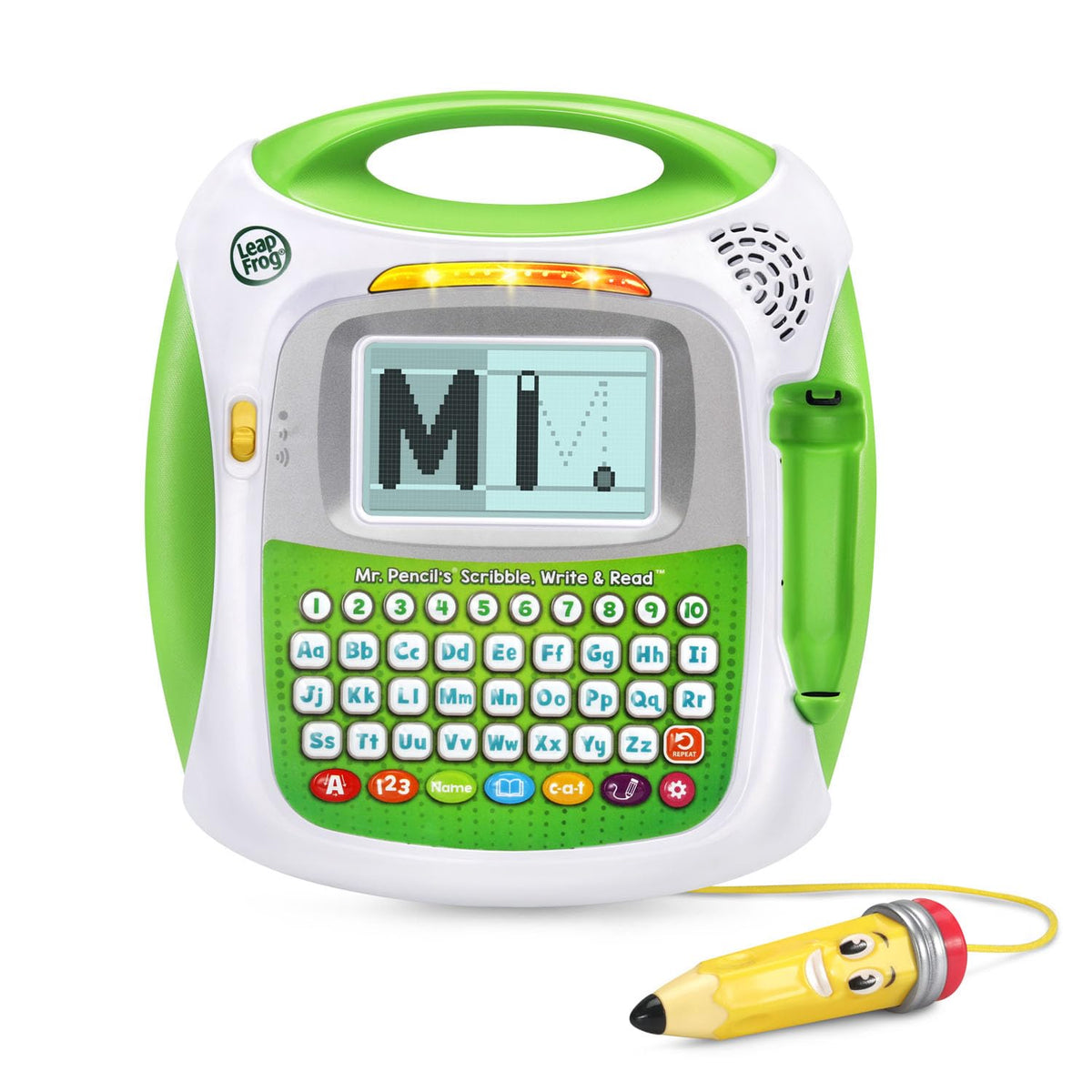 LeapFrog preschool handwriting and phonics learning device with stylus in hand tracing uppercase letters