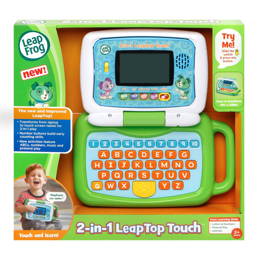Durable green LeapFrog interactive tablet being held in a child-friendly touchscreen configuration