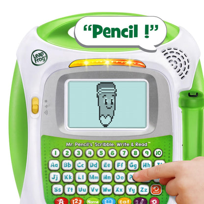 Close up of LeapFrog touchscreen displaying animated animals after correct letter stroke tracing