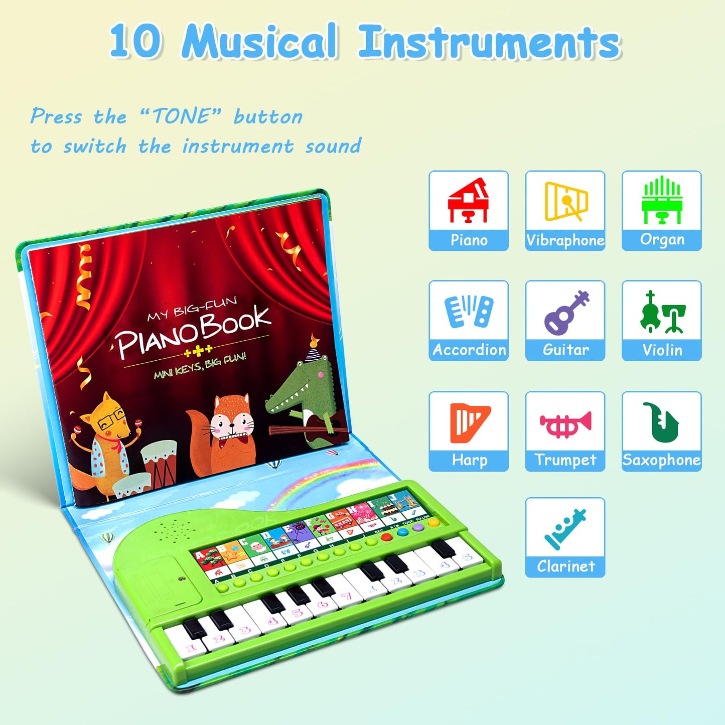 HEEPUEW children electronic keyboard showcasing the twenty miniature keys illuminating during playback mode
