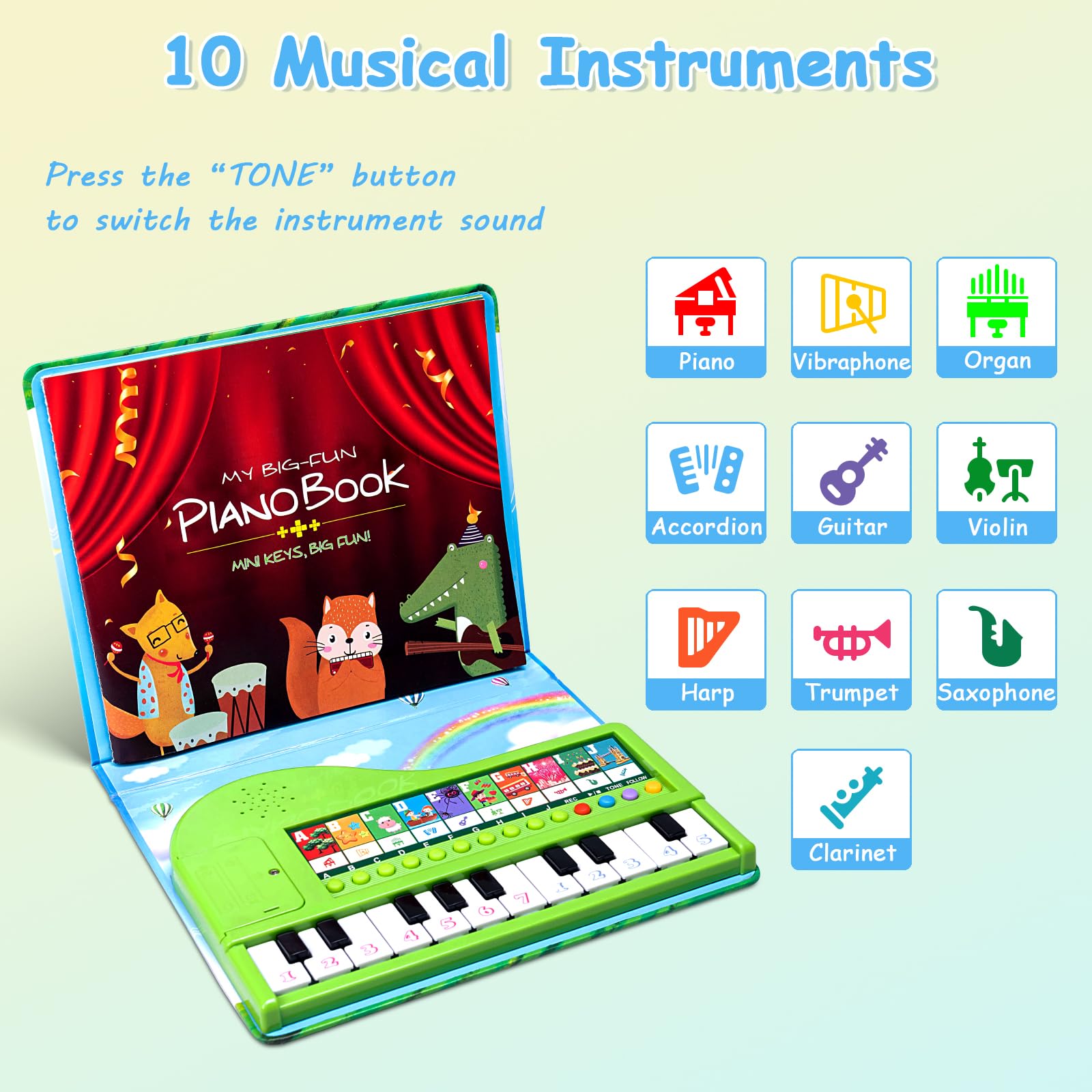 HEEPUEW children electronic keyboard showcasing the twenty miniature keys illuminating during playback mode