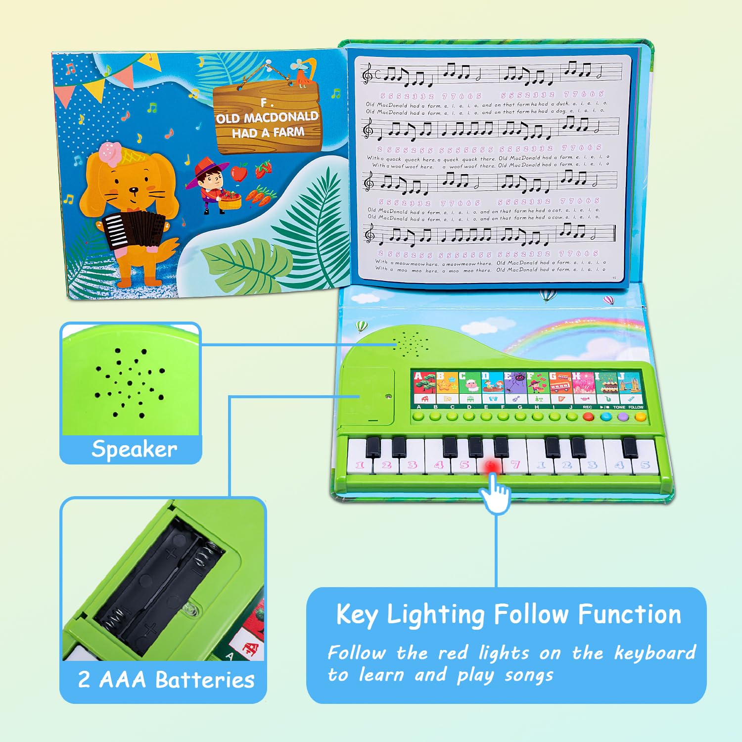 HEEPUEW educational piano for toddlers showing the compact size being held by small child hands