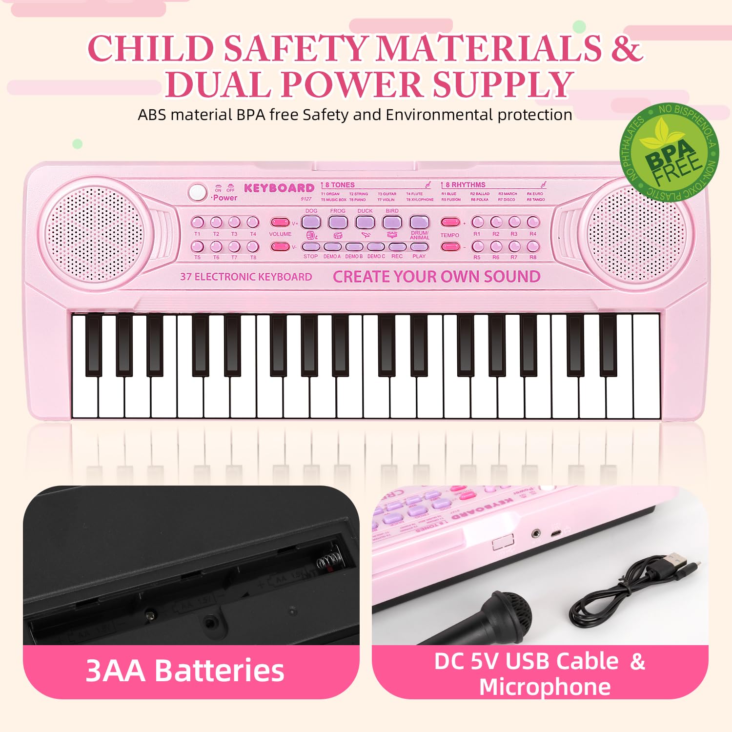 Top view of M SANMERSEN music keyboard detailing rhythm tone and animal sound buttons