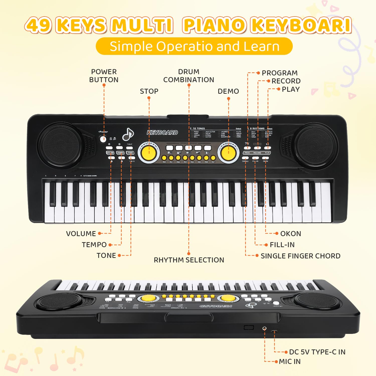 MusicForset electronic keyboard for kids with the included mini microphone plugged into the back.