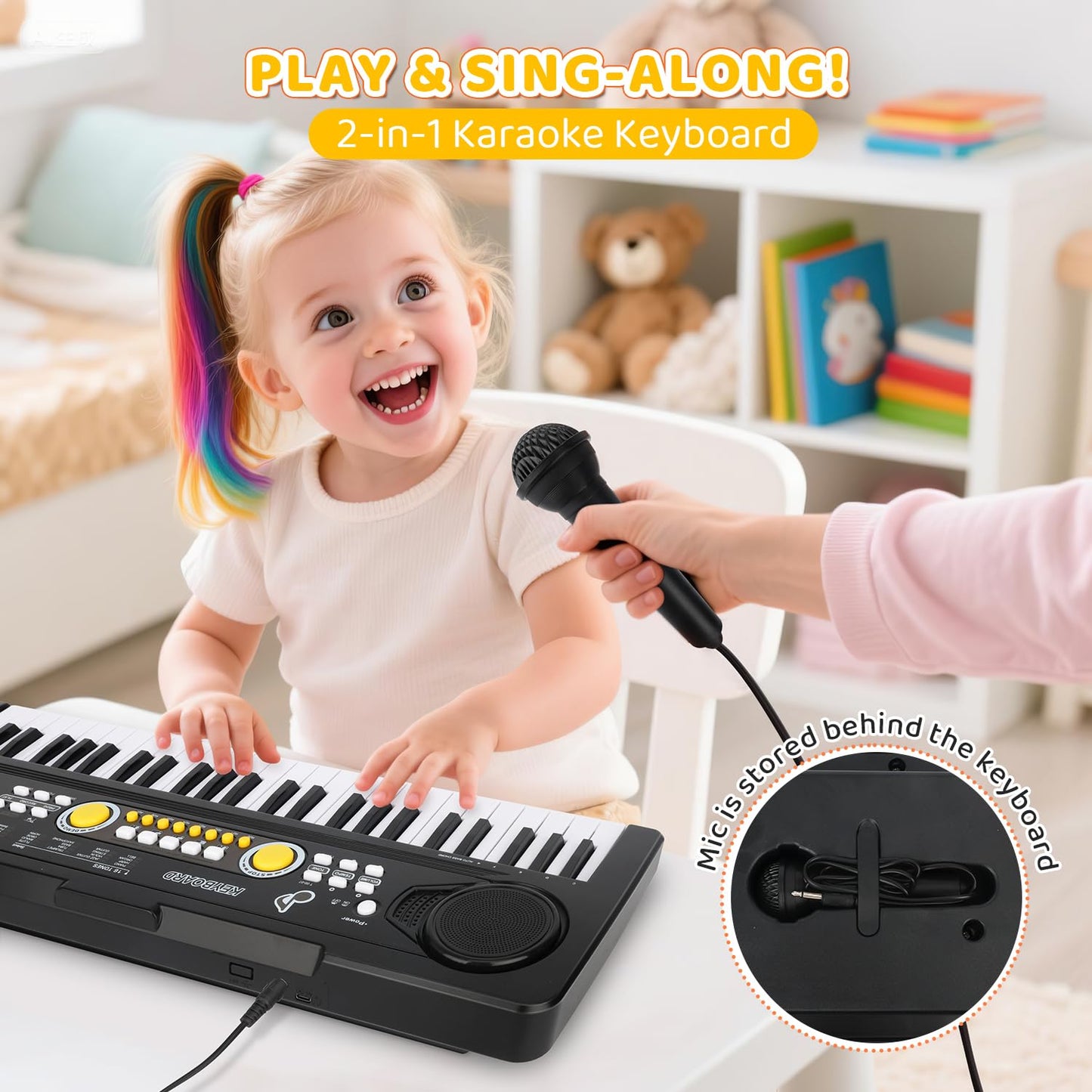 MusicForset 49 key portable piano showing the battery compartment and USB cable attachment.