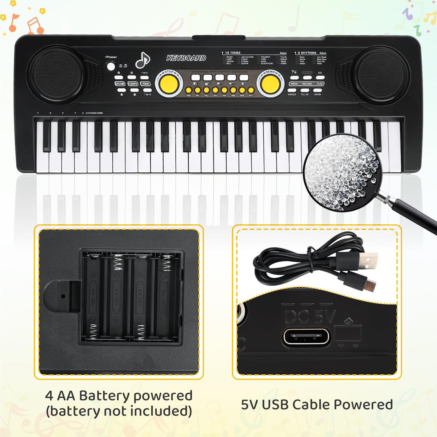 MusicForset musical learning toy with labels pointing out the record and playback control interface.