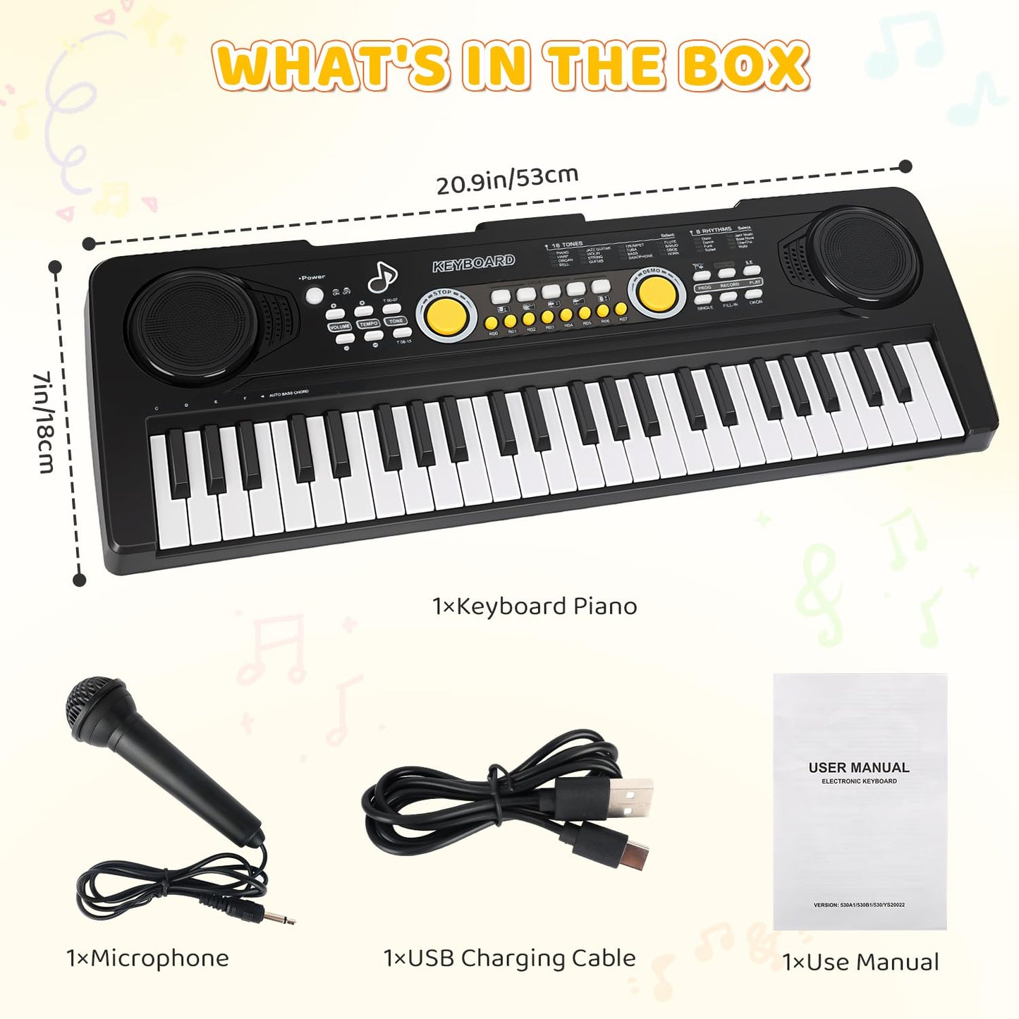 MusicForset electronic piano toy showing the mini vocal microphone storage slot on the back.