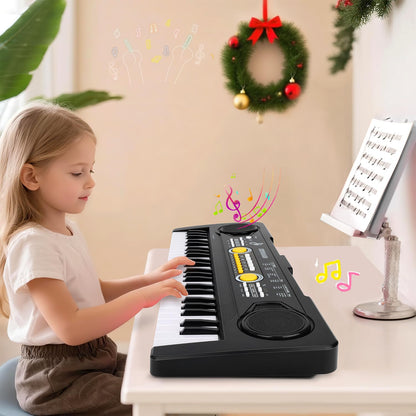 MusicForset beginner music keyboard packaging box detailing educational features and age safety rules.