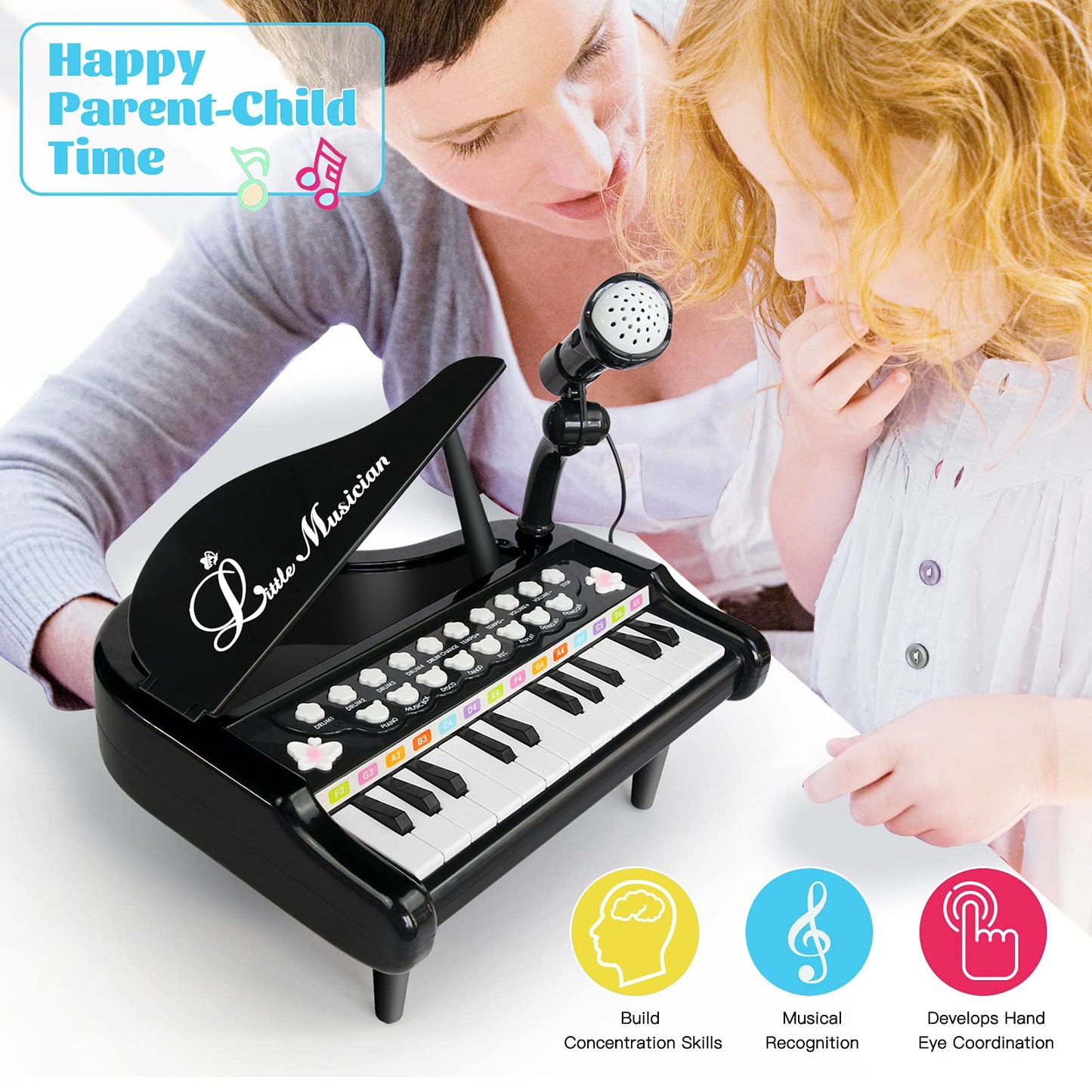 Love&Mini toddler piano interactive packaging box showing the product specifications label