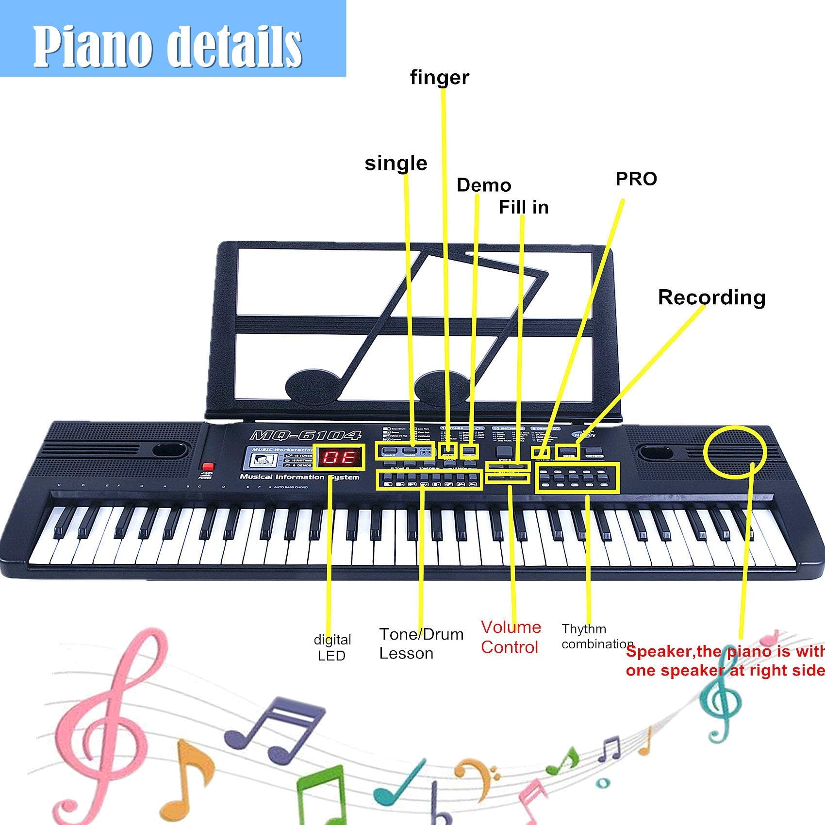 SEMART electric music keyboard connected to a USB power source with microphone attached