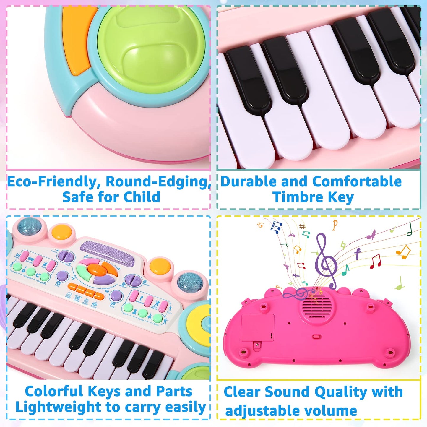 Smooth rounded edges of the pink cozybuy kids instrument toy illustrating child safety features.