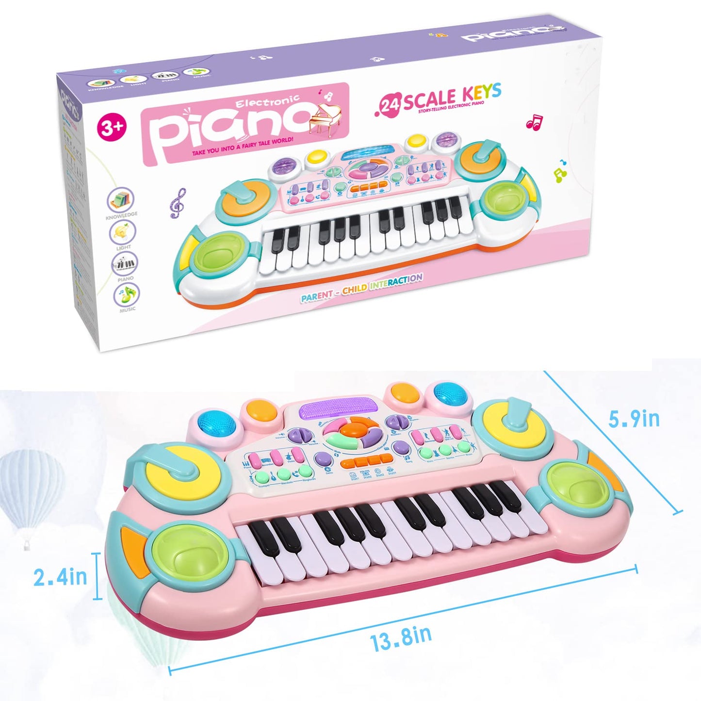 Product packaging display for the cozybuy twenty-four key kids electronic learning device.