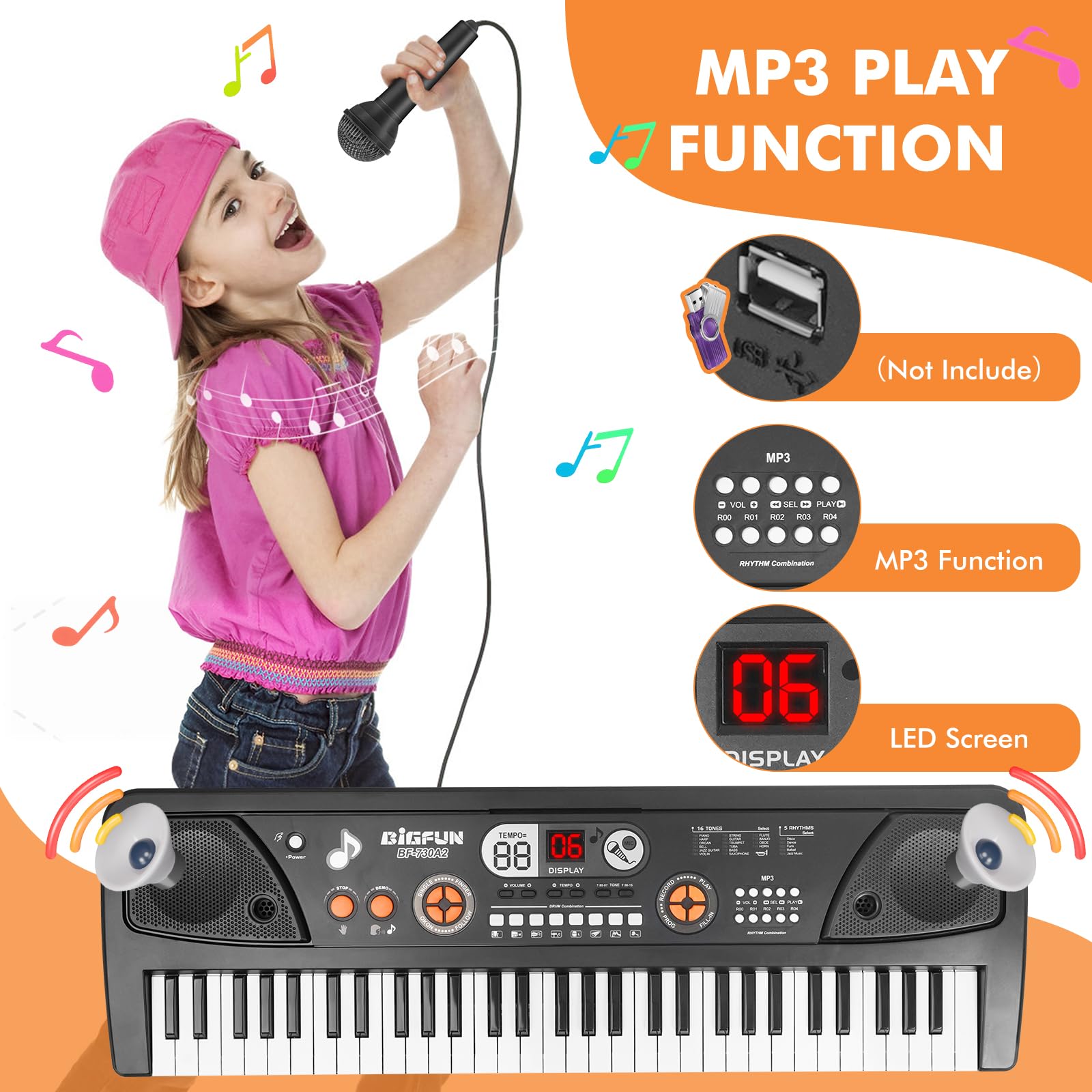 Drmukie children electronic piano control panel with tone and rhythm buttons