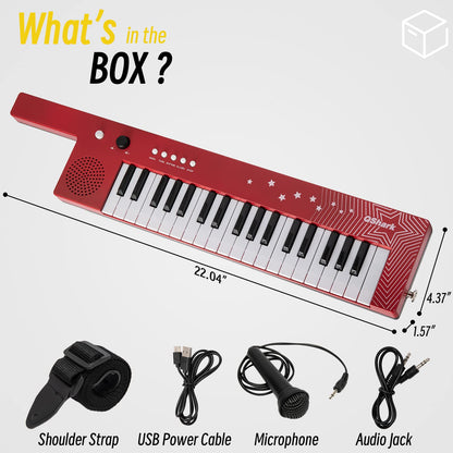 Electronic karaoke keytar toy with attached shoulder strap for kids musical play.