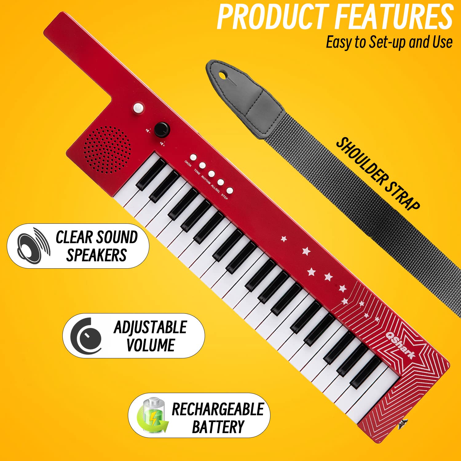 Red 37-key musical keyboard with wired handheld microphone accessory for karaoke singing.
