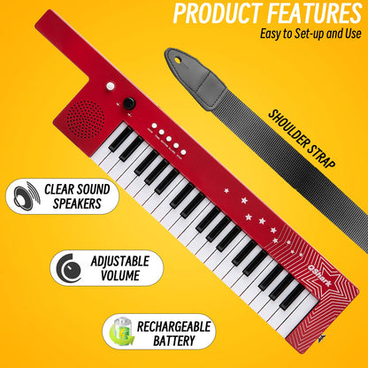 Red 37-key musical keyboard with wired handheld microphone accessory for karaoke singing.