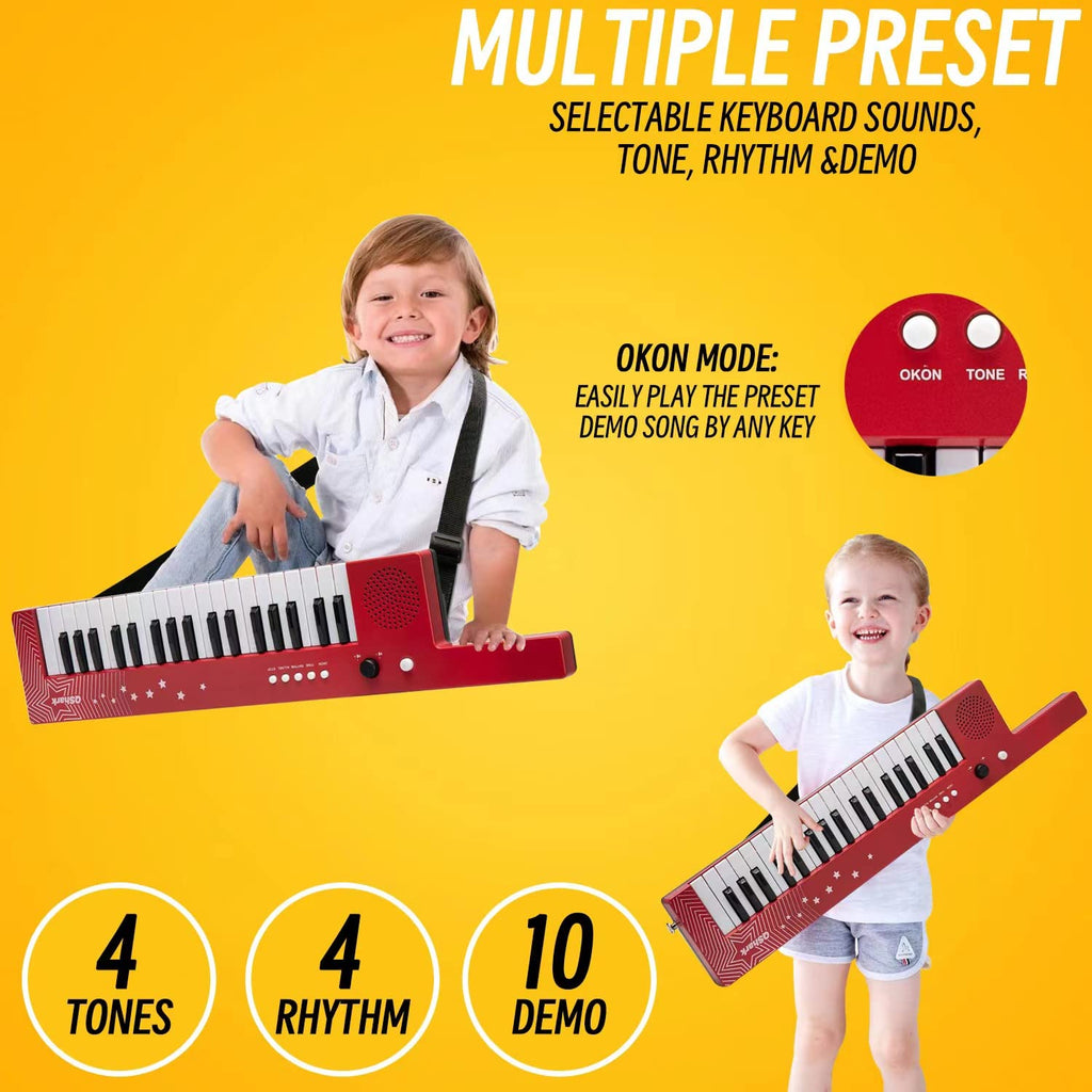 Rechargeable keytar instrument close up highlighting the built-in stereo speaker and ports.