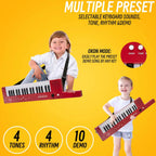 Rechargeable keytar instrument close up highlighting the built-in stereo speaker and ports.