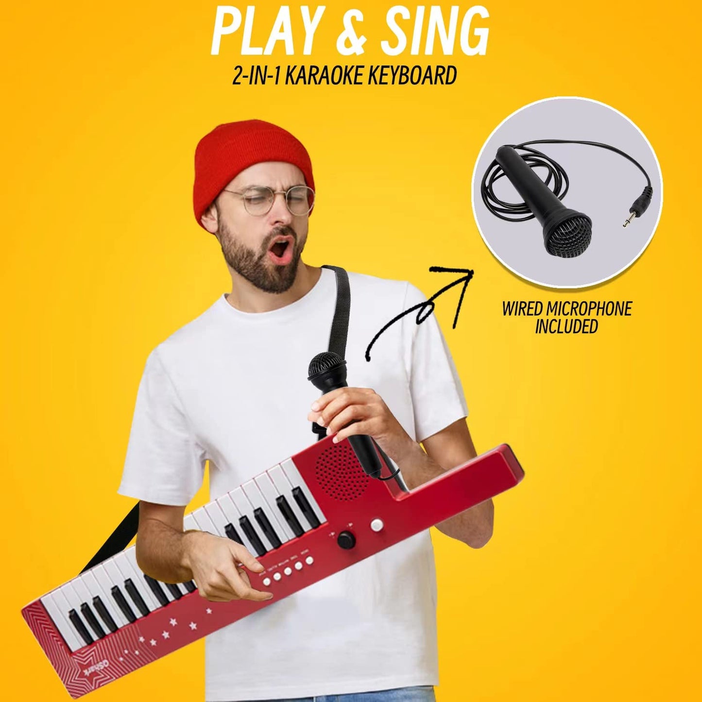 Portable digital piano keyboard packaging displaying included auxiliary and power cables.