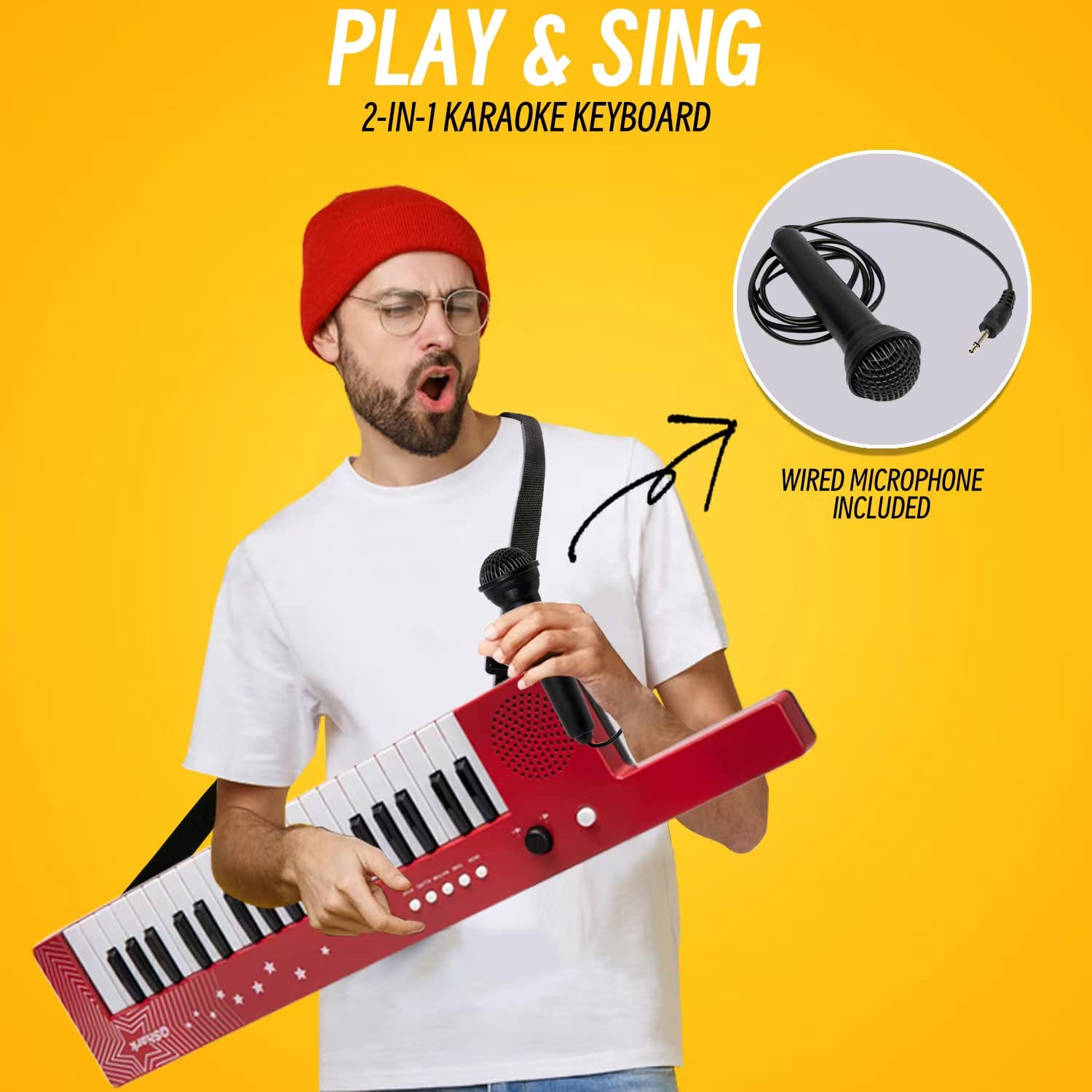 Portable digital piano keyboard packaging displaying included auxiliary and power cables.