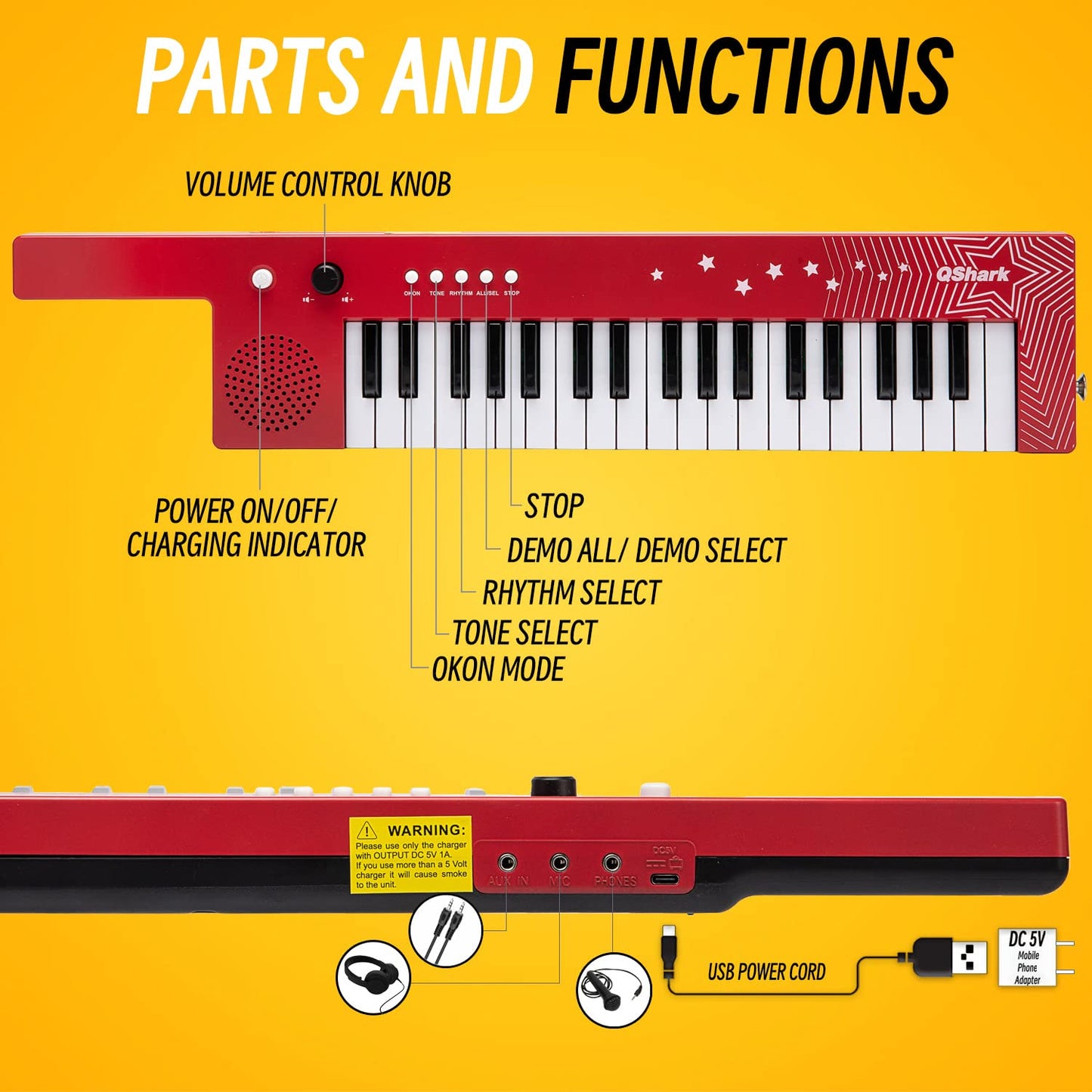 QShark kids electronic guitar style keyboard showing the volume control knob details.
