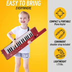 Red musical keytar toy for children highlighting thirty-seven standard piano keys.