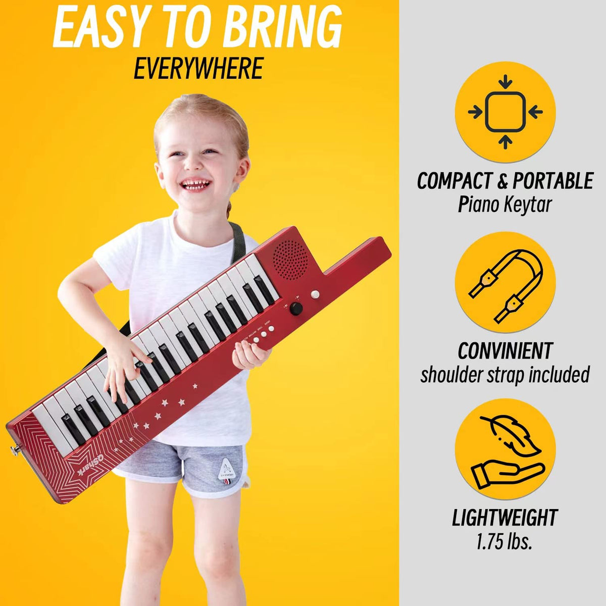 Red musical keytar toy for children highlighting thirty-seven standard piano keys.