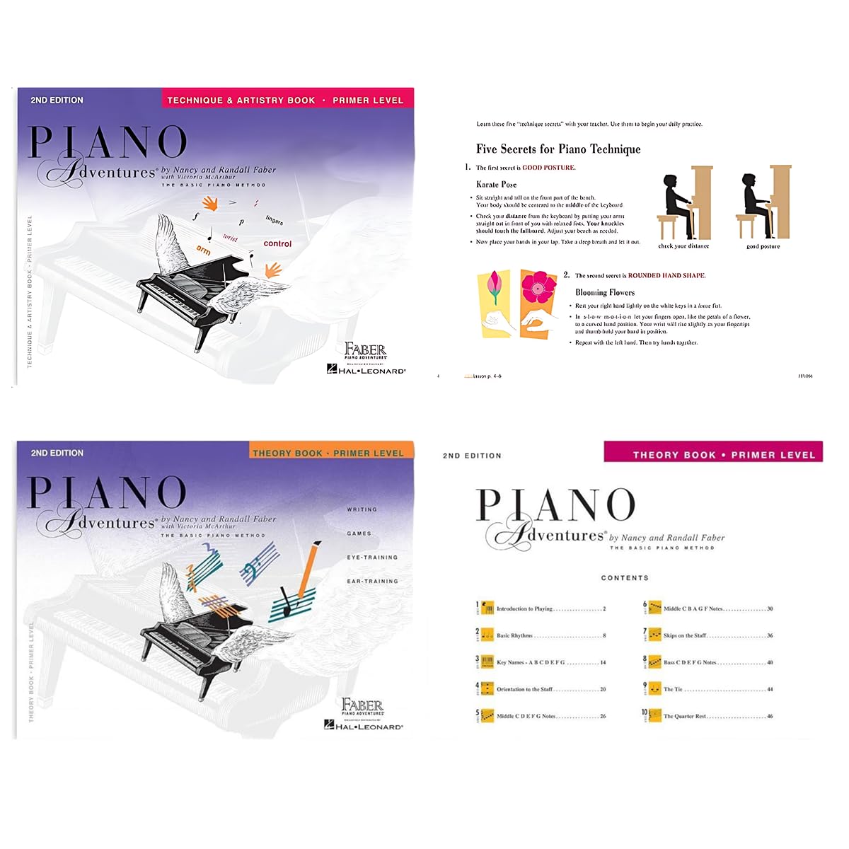 Second edition piano adventures primer lesson books showing vibrant artwork and integrated theory practice pages.