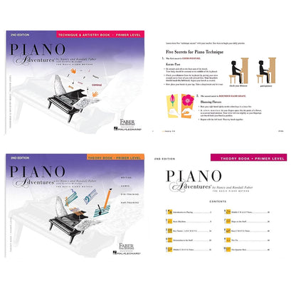 Second edition piano adventures primer lesson books showing vibrant artwork and integrated theory practice pages.