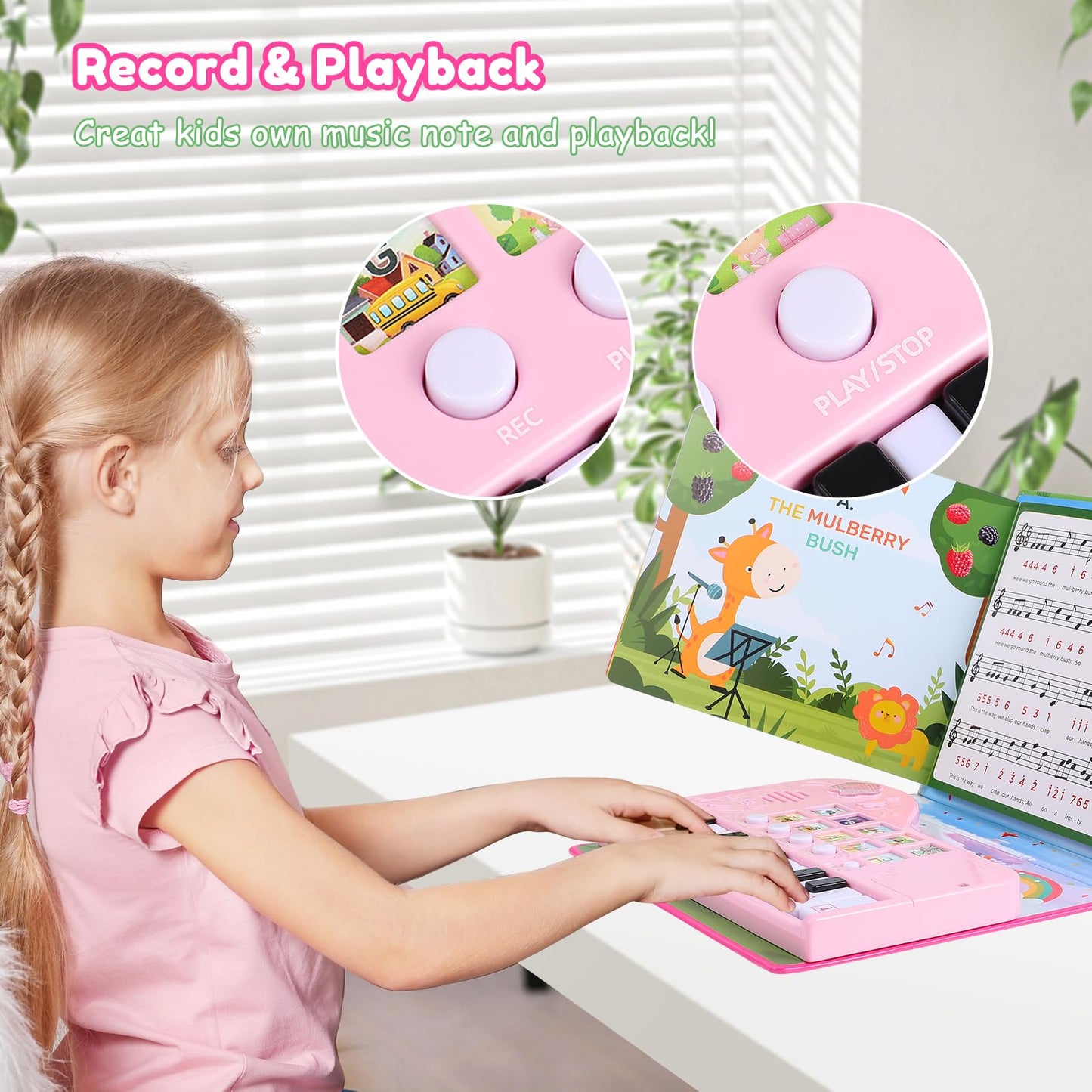 Pink musical piano toy showing the secure rear battery compartment setup