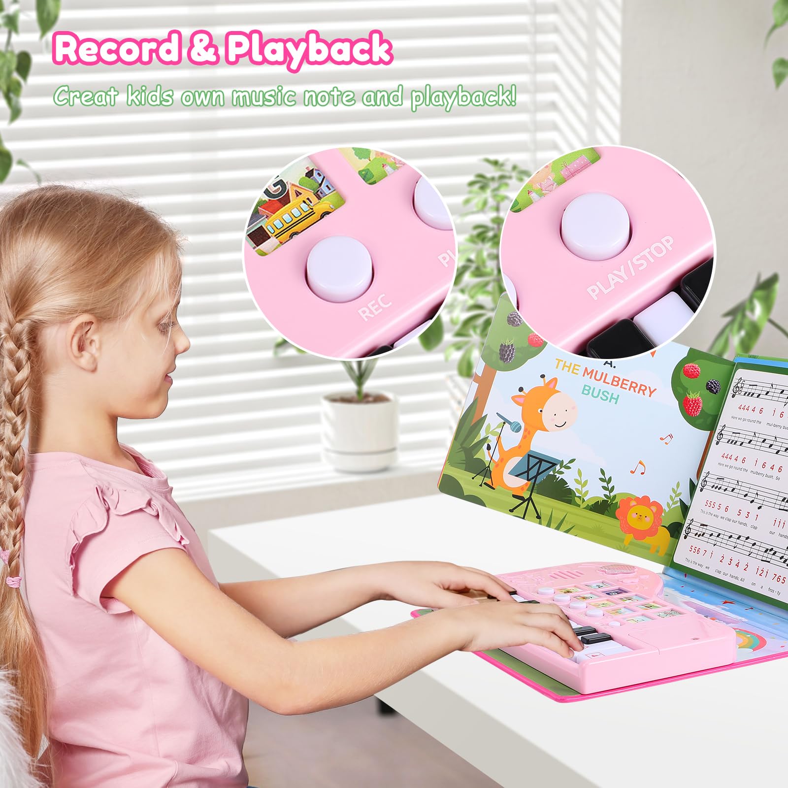 Pink musical piano toy showing the secure rear battery compartment setup