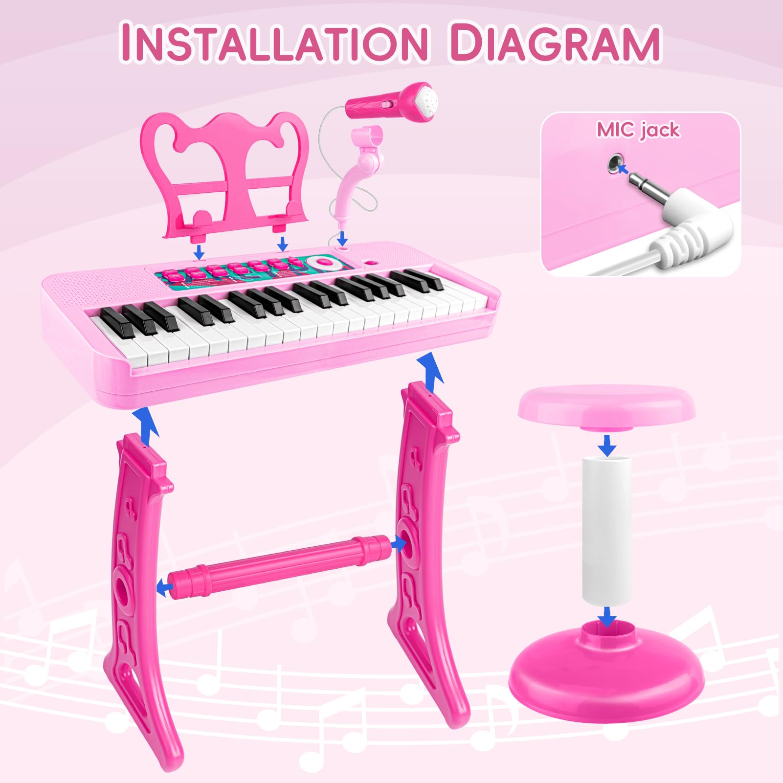Amy And Benton toddler piano station with pink chair and battery compartment view