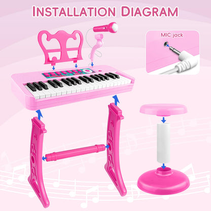 Amy And Benton toddler piano station with pink chair and battery compartment view