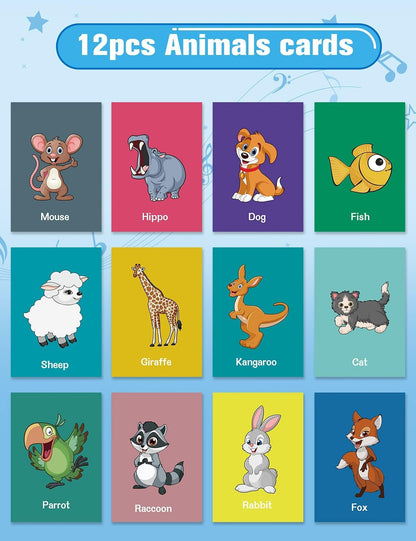 EduCuties toddler electronic music blanket folded compactly next to accompanying animal flash cards.