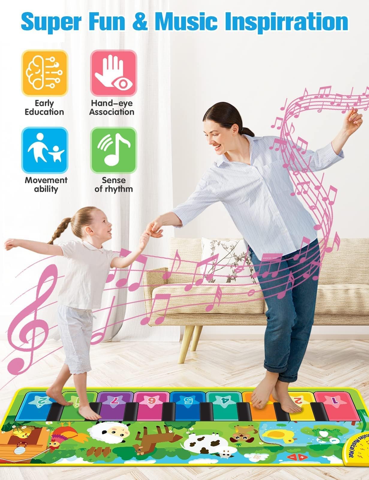 Close up of the touch sensitive keys on the EduCuties floor piano toy.