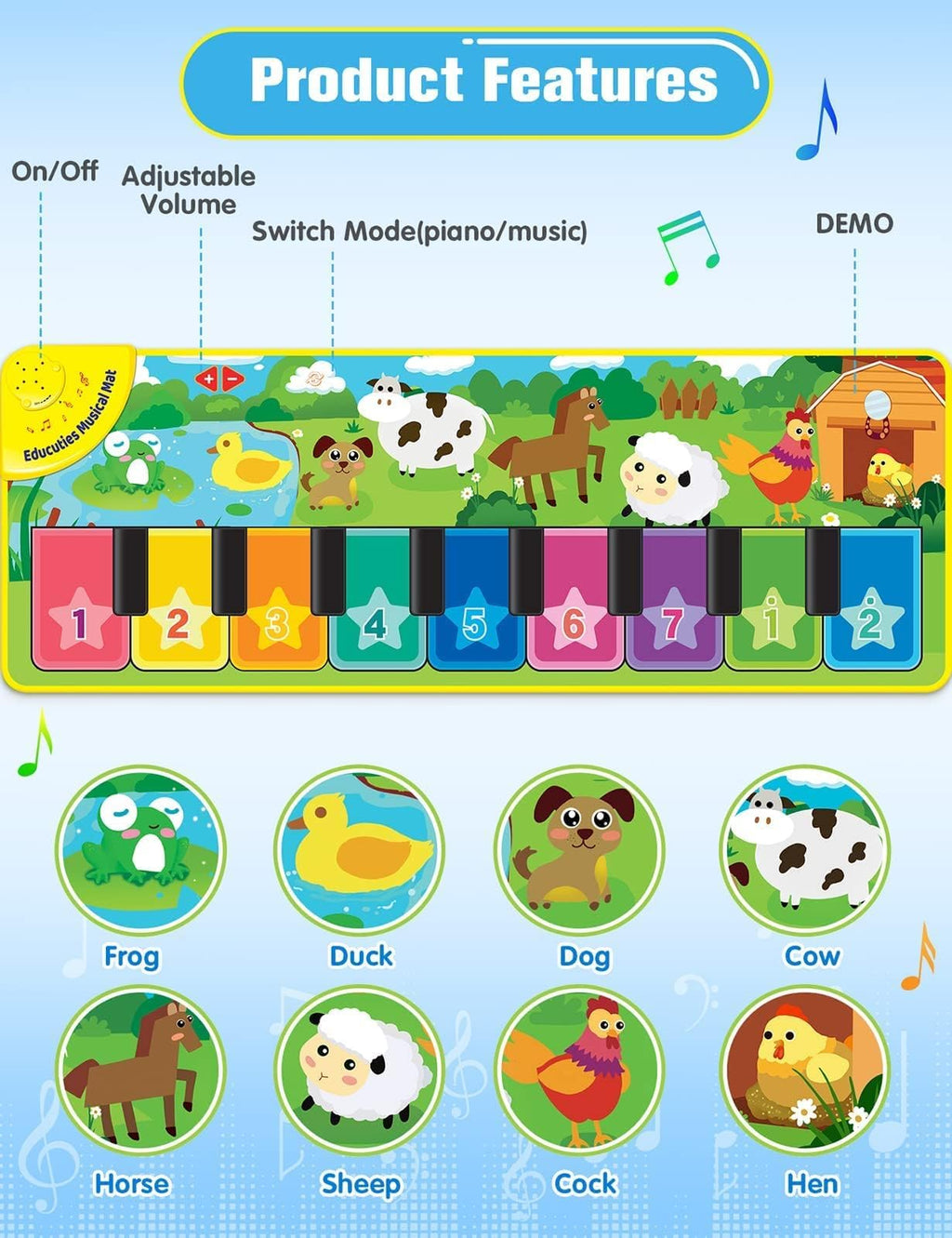 Brightly illustrated educational animal flash cards included with the EduCuties piano carpet.