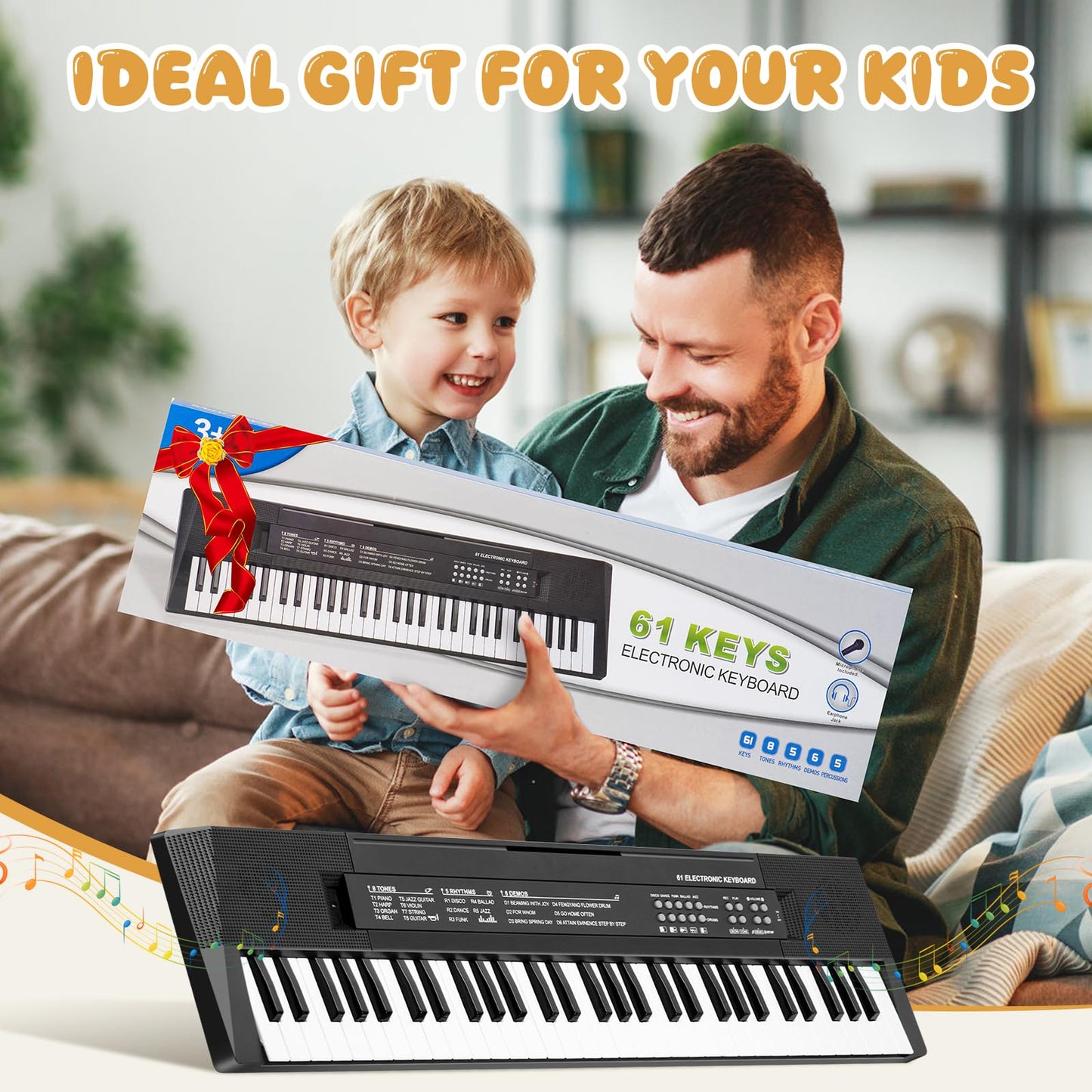 MusicForset portable musical instrument top panel detailing tones rhythms and record features