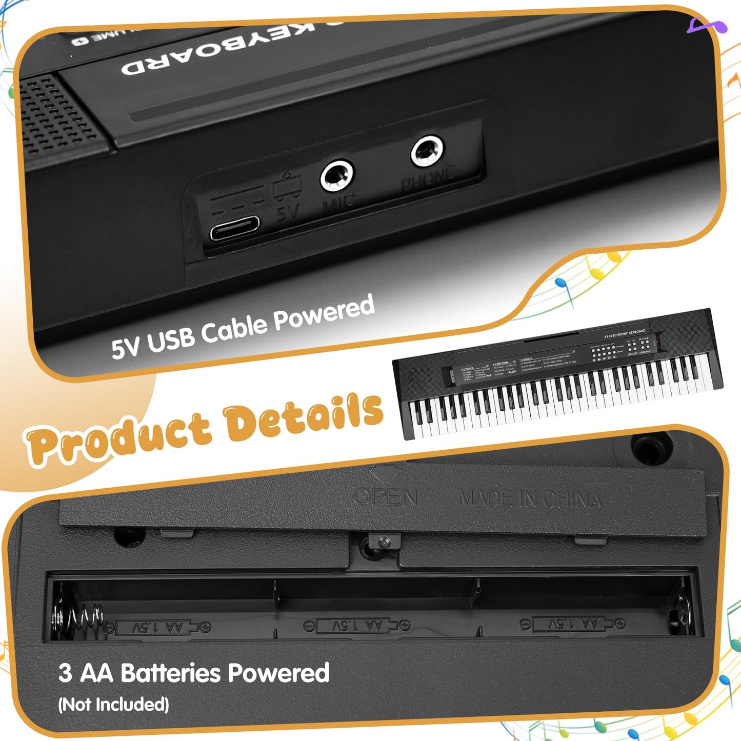 MusicForset toddler learning keyboard showing dual power battery compartment and cable input