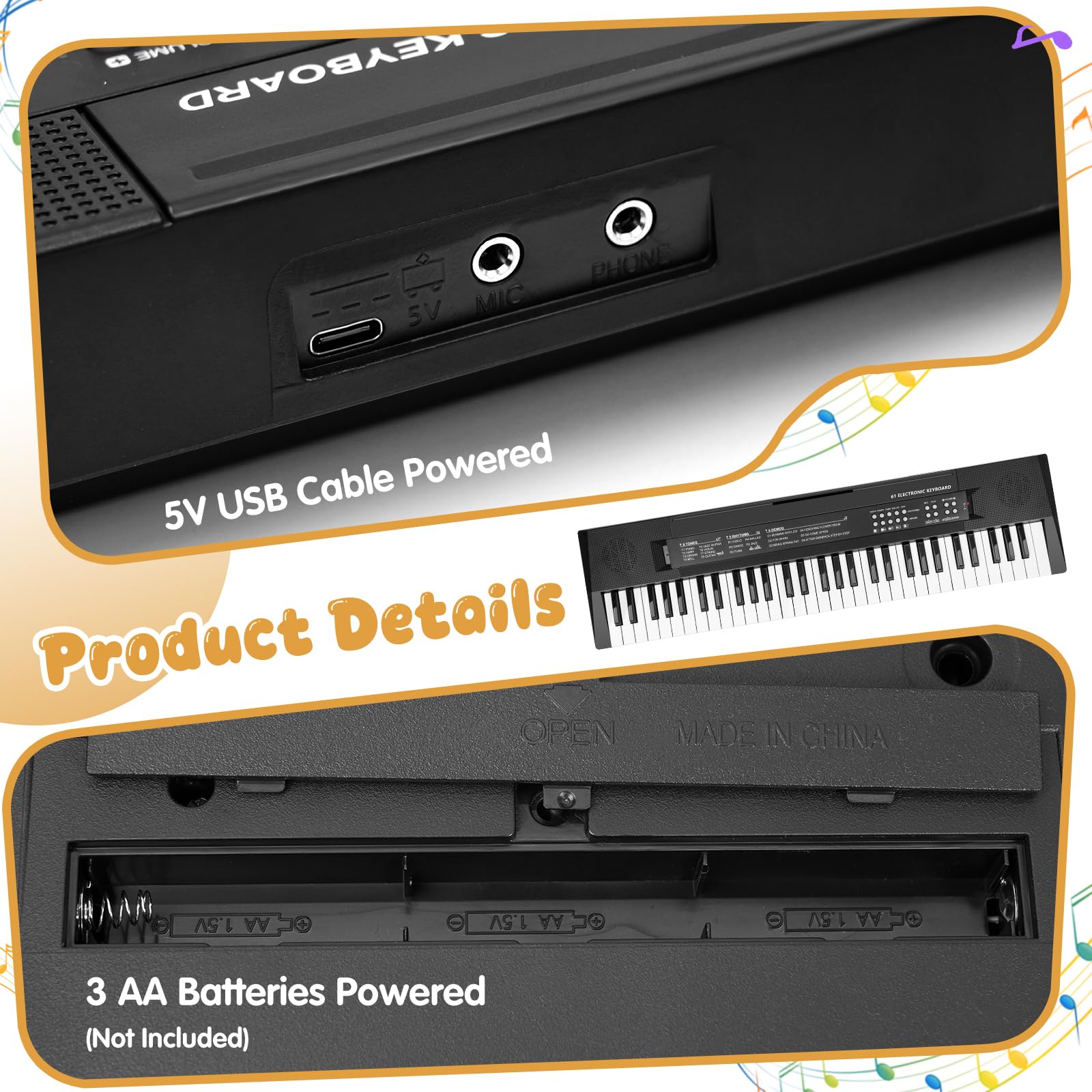 MusicForset toddler learning keyboard showing dual power battery compartment and cable input