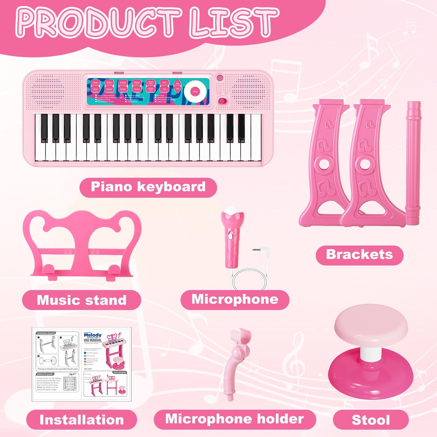 NEUBSAW pink electronic keyboard toy with sheet music stand close up view